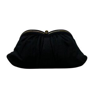 Vintage L And M Women’s Black Satin With Gold Frame & Pouch Evening Clutch